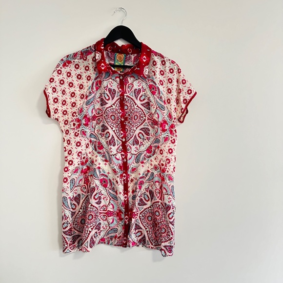 Johnny Was Boho Paisley Print Cap Sleeve Button Front Blouse Size Large - Picture 2 of 11